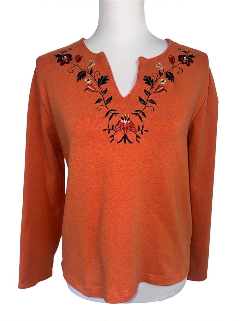 Mountain Lake Womens Large Orange Embroidered Floral Long Sleeve Top Boho